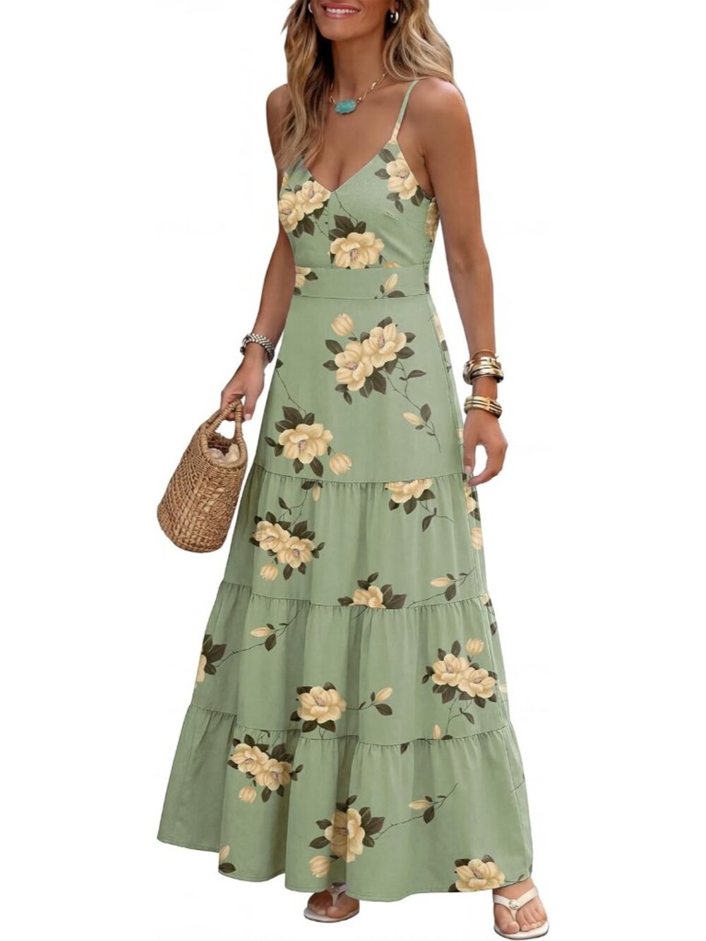 〽️Green Floral Summer Maxi Dress V Neck Spaghetti Strap Smocked Back Pockets